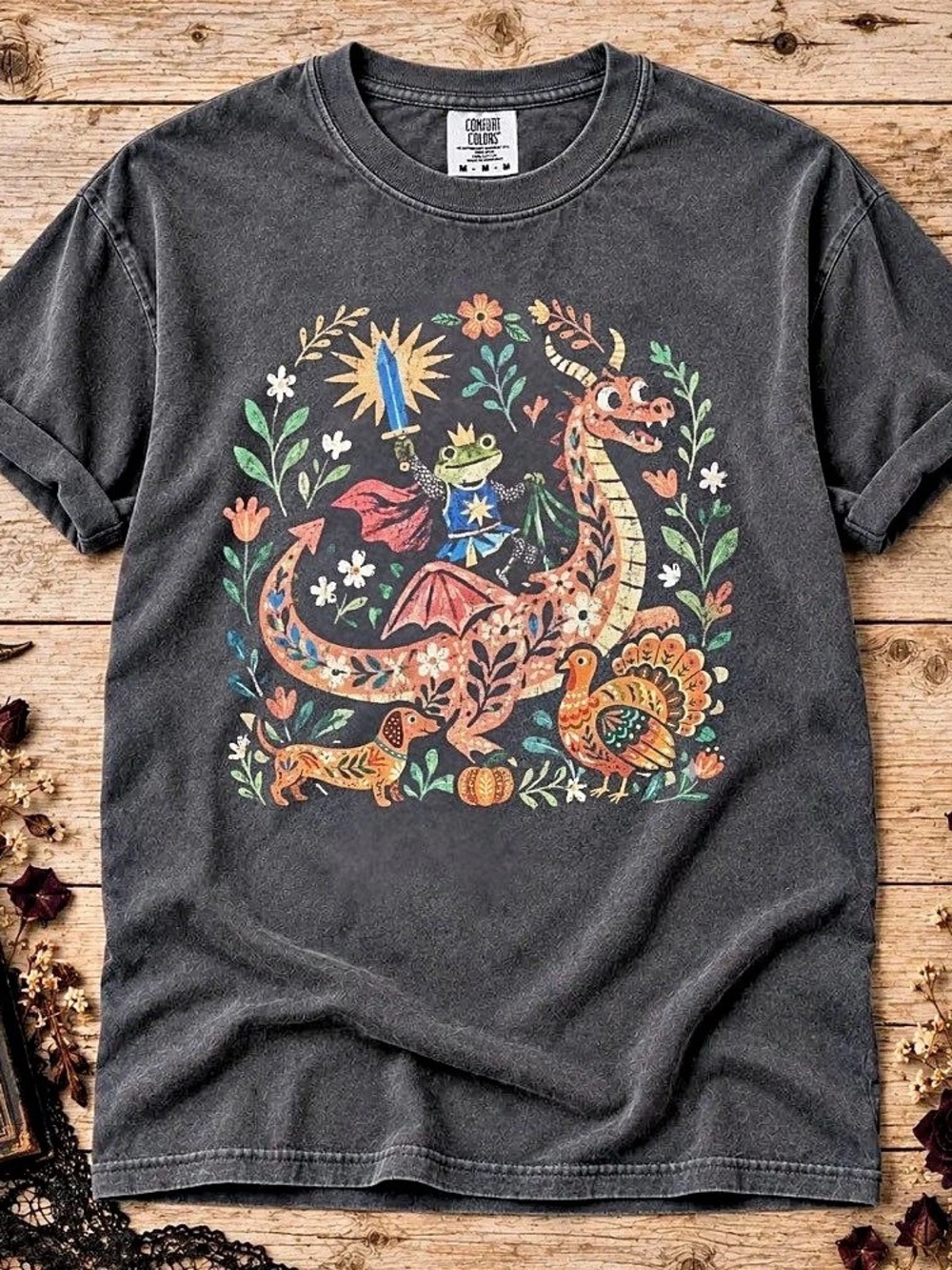 Comfort Colors Frog Knight Riding Dragon Folk Art Dachshund Pumpkin Vintage Pepp